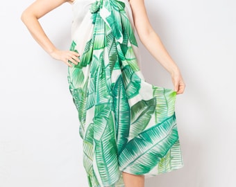 Bananenblad Handgeschilderde Sarong Wit Groene Pareo Extra Grote Sjaal Zomer Sjaal Resort Wear Verjaardagscadeau voor haar huwelijkscadeau 73X54