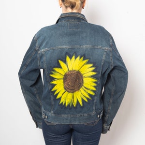 Sunflower Painted Denim Jacket Upcycled Denim Dark Hand Painted Denim Jacket Floral Denim Jacket Ukraine Sunflower Inspired Size L Gift