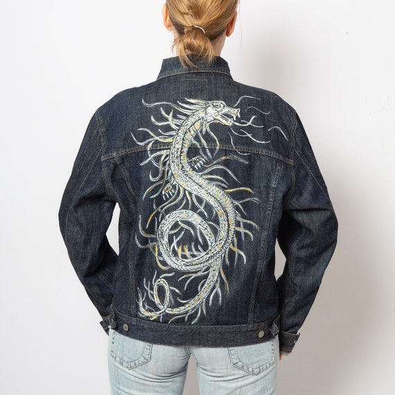 Dragon Print Jacket Hand Painted Denim Jacket Upcycled Asian Dragon Dark Unisex Oversized Jean Jacket Fall Mens Jacket Size XL Gift Etsy Canada