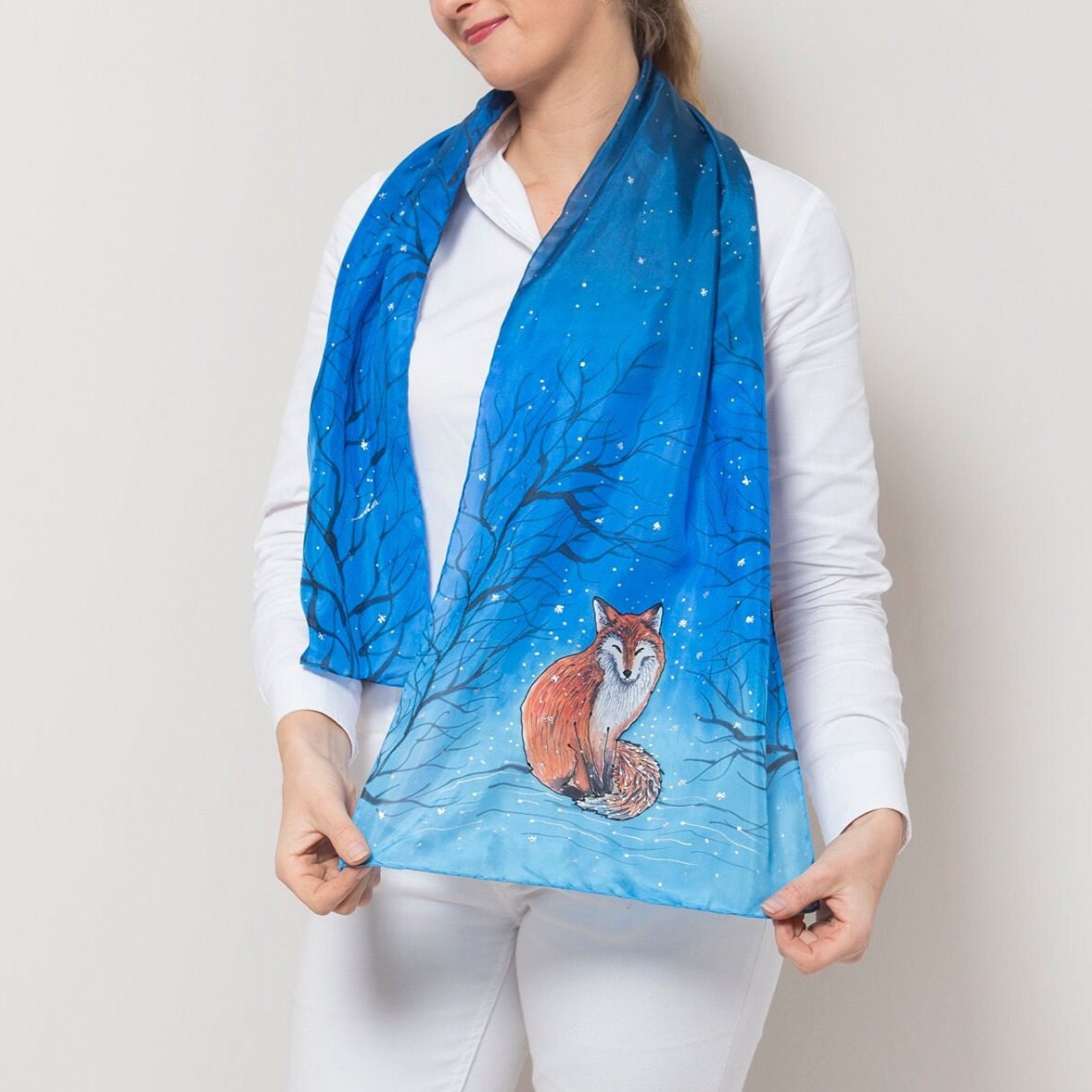 Fox Scarf Hand Painted Silk Scarf Fox Print Scarf Blue Silk Scarf