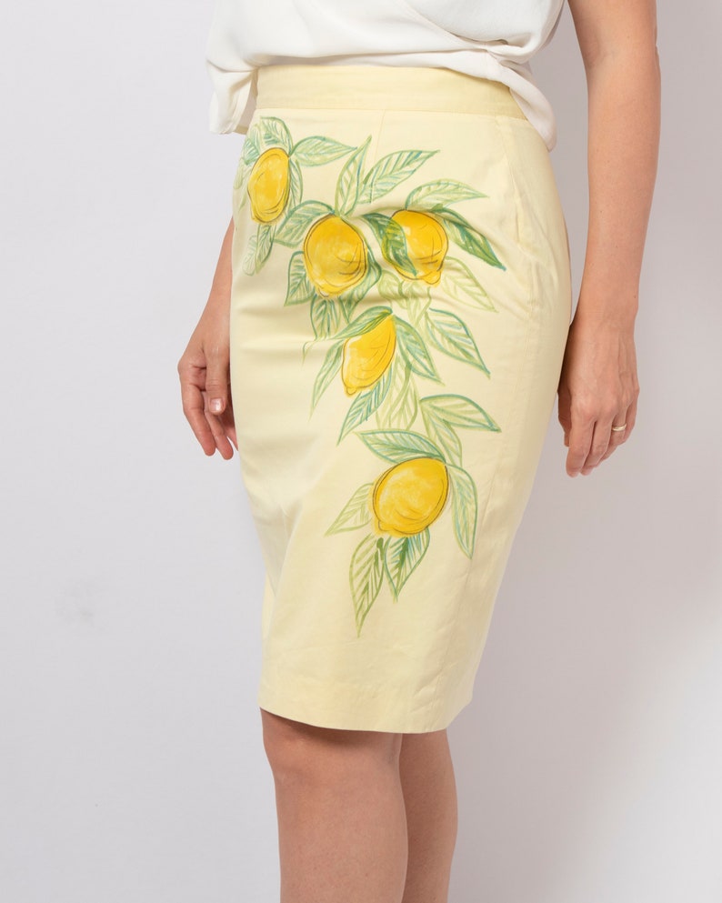 Lemon Print Hand Painted Skirt Floral Yellow High Waist Pencil Skirt Amalfi Italian Summer Holidays Lemon Italian Style Amalfi Coast Size M image 4