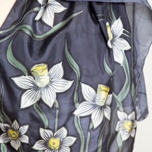 Daffodil Hand Painted Grey Ombre Floral Silk Spring Scarf Mom Gift 53X14 image 5