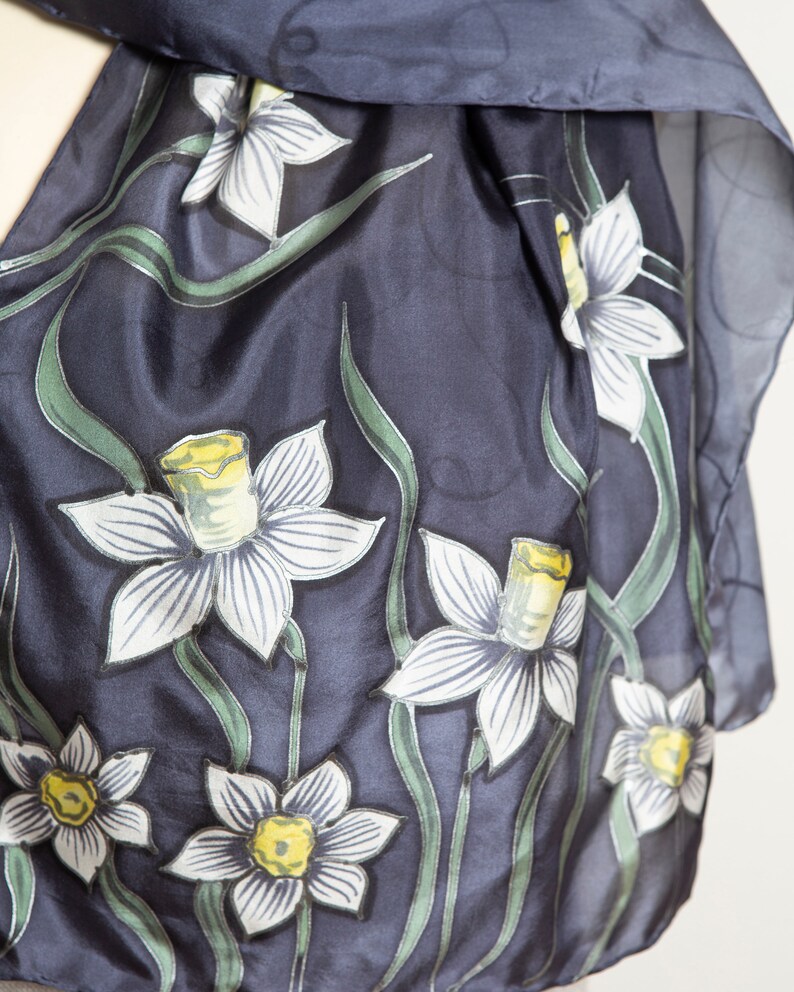 Daffodil Hand Painted Grey Ombre Floral Silk Spring Scarf Mom Gift 53X14 image 5
