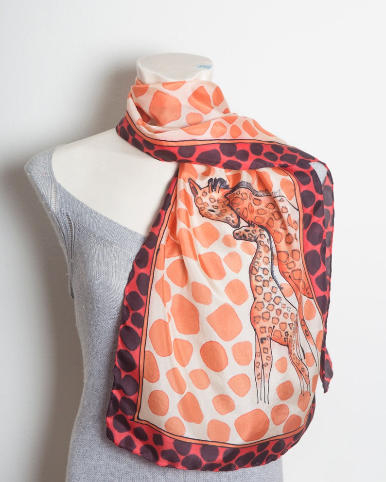 Giraffe Hand Painted Silk Scarf Red Beige Africa Giraffe Print Foulard Animal Print Scarf Travel Scarf Summer Scarf Women Gift for Her 52X14 image 4