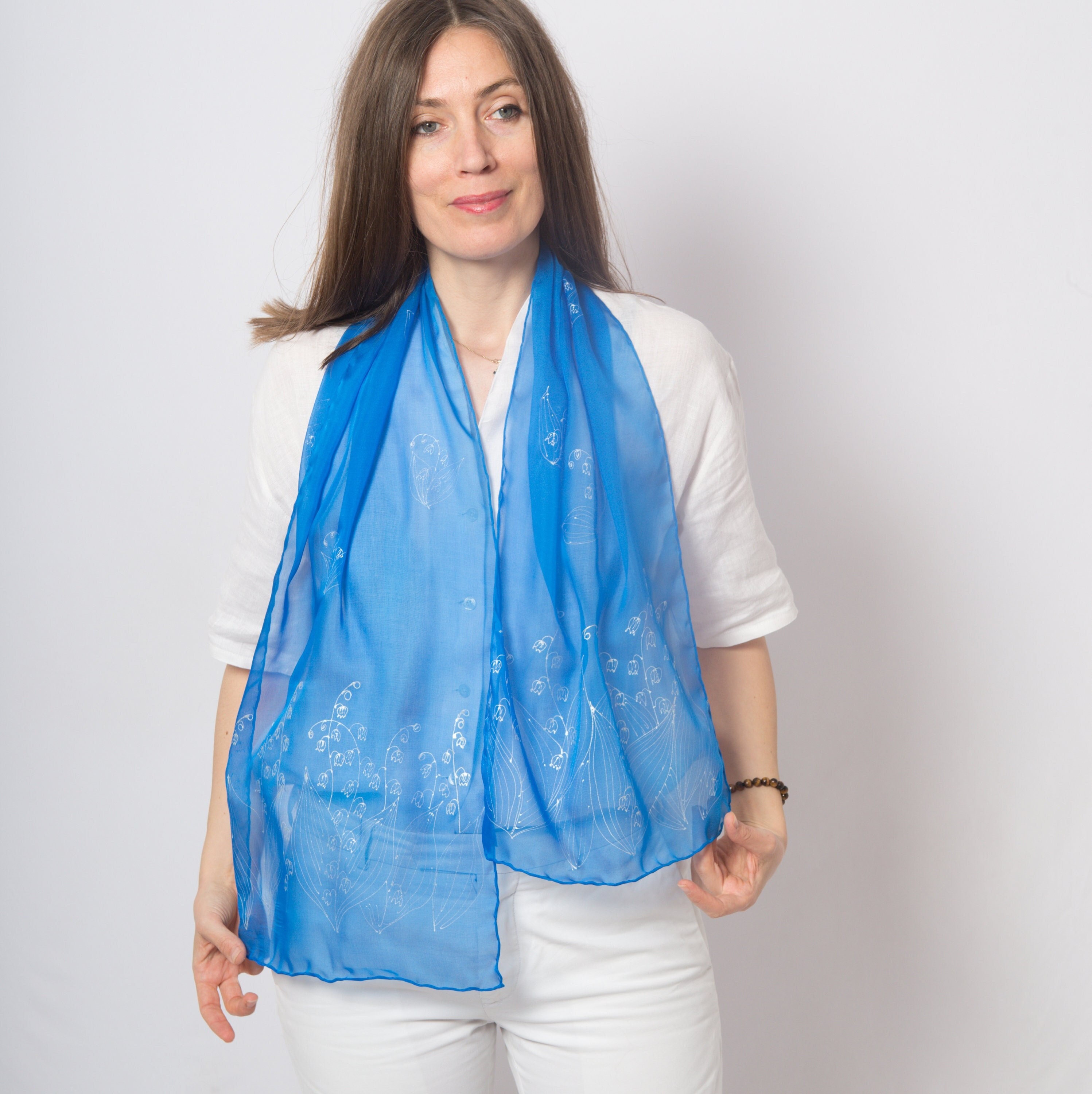 Lily of the Valley Hand Painted Blue Silk Chiffon Scarf Floral