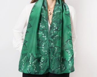 Lily of The Valley Hand Painted Green Silk Scarf Floral Spring Shawl Mom Xmas Gift 53X13