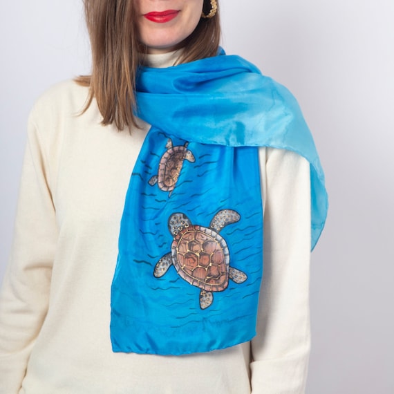 小物 Hand Printed Silk Scarf - blue Sea Turtle Hand Painted Silk Scarf Turtle Print Scarf Blue