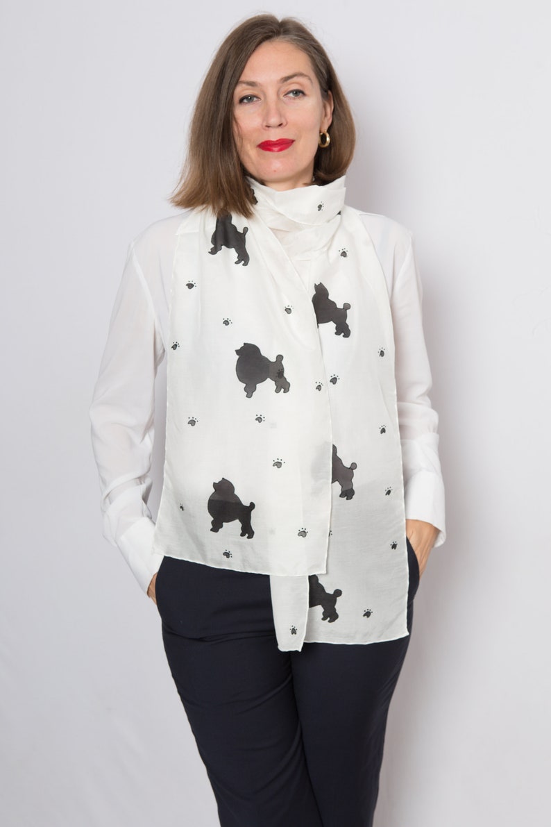 Poodle Print Black White Hand Painted Scarf Dog Scarf Poodle French Poodle Dog Mom Poodle Mom Poodle Gifts Poodle Mom Gift 74X11 image 3