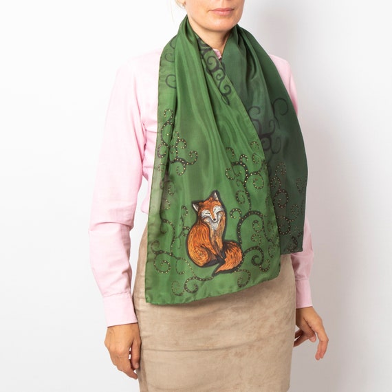 Fox Scarf Hand Painted Green Silk Scarf Fox Print Fox Gifts Winter