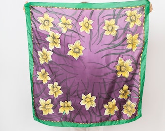 Daffodil Silk Square Scarf Hand Painted Silk Scarf Purple Silk Bandana Floral Silk Scarf Spring Silk Head Scarf Silk Foulard Wife Gift 28X28