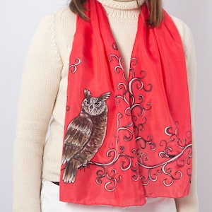 Horned Owl Hand Painted Silk Scarf Red Owl Scarf Owl Silk Scarf Bird Scarf Bird Lover Gift Owl Print Gift for Her Mom Gift Wife Gift 53X14
