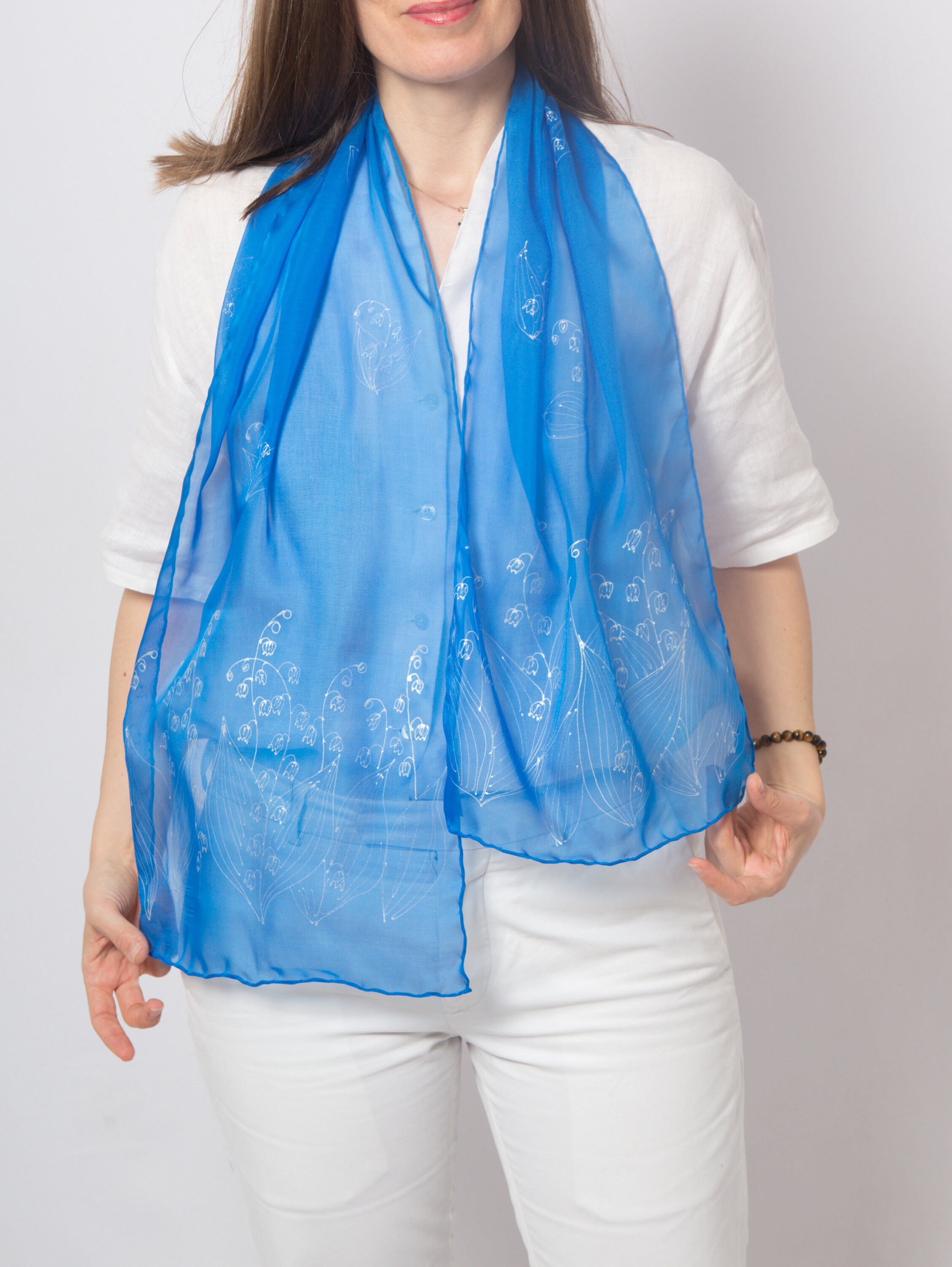 Lily of the Valley Hand Painted Blue Silk Chiffon Scarf Floral