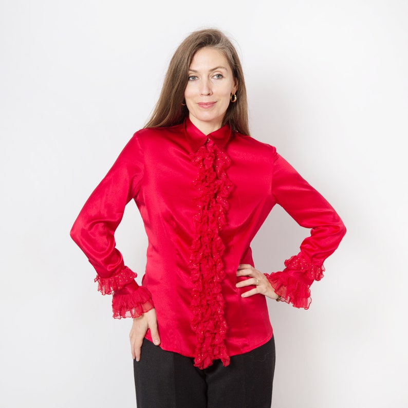 Red Silk Ruffle Blouse Silk Blouse Satin Blouse Long Sleeve Polka Dot Upcycled Blouse Hand Painted Blouse Silk Shirt Will fit S M Sizes image 2