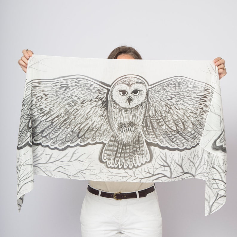 Owl Hand Painted Scarf Silk Cotton Scarf Bird Scarf Wing Scarf Bird Lover Gift Black White Spring Scarf Snowy Owl Gift for Her 59X19 image 5