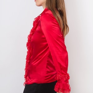 Red Silk Ruffle Blouse Silk Blouse Satin Blouse Long Sleeve Polka Dot Upcycled Blouse Hand Painted Blouse Silk Shirt Will fit S M Sizes image 5