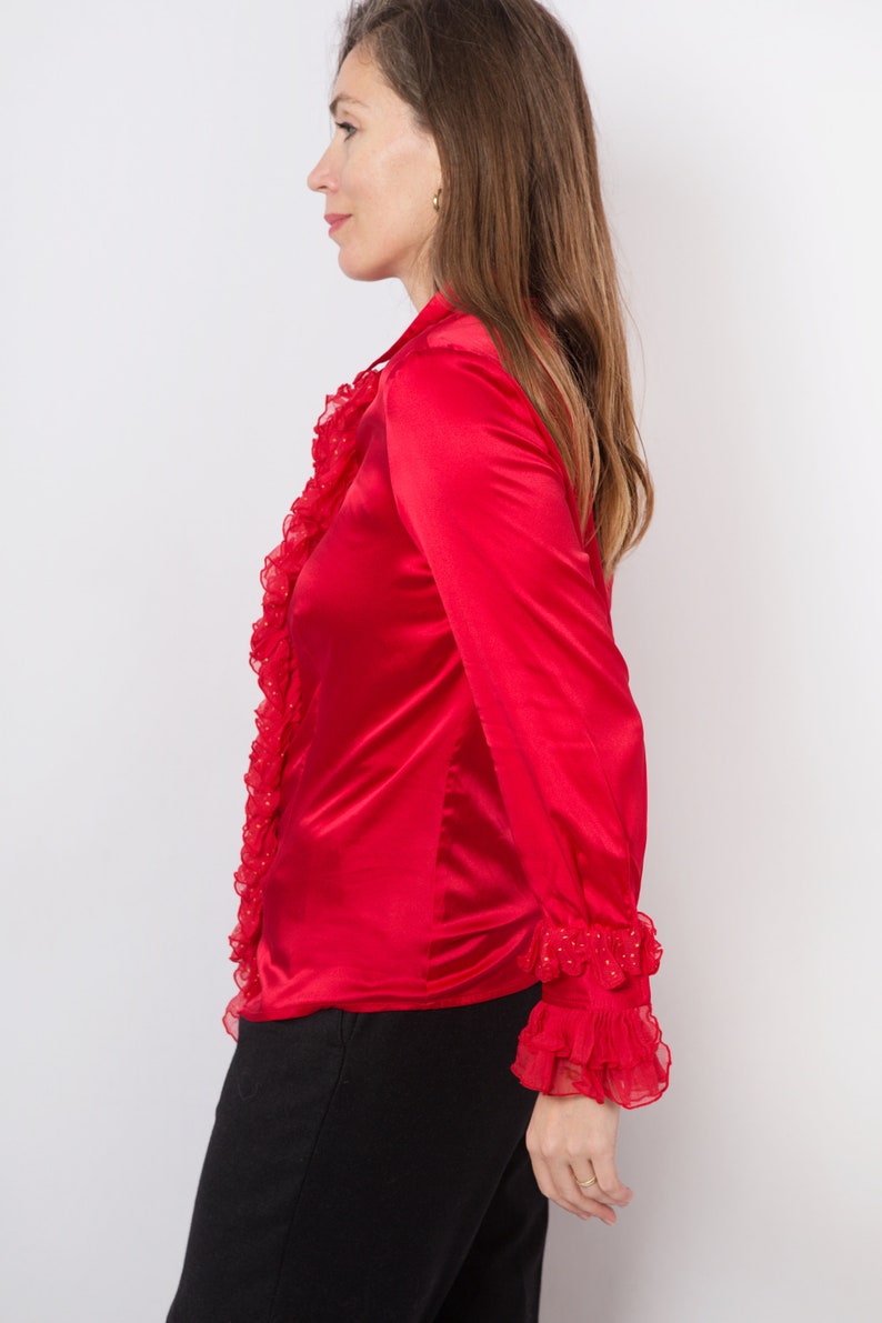 Red Silk Ruffle Blouse Silk Blouse Satin Blouse Long Sleeve Polka Dot Upcycled Blouse Hand Painted Blouse Silk Shirt Will fit S M Sizes image 5