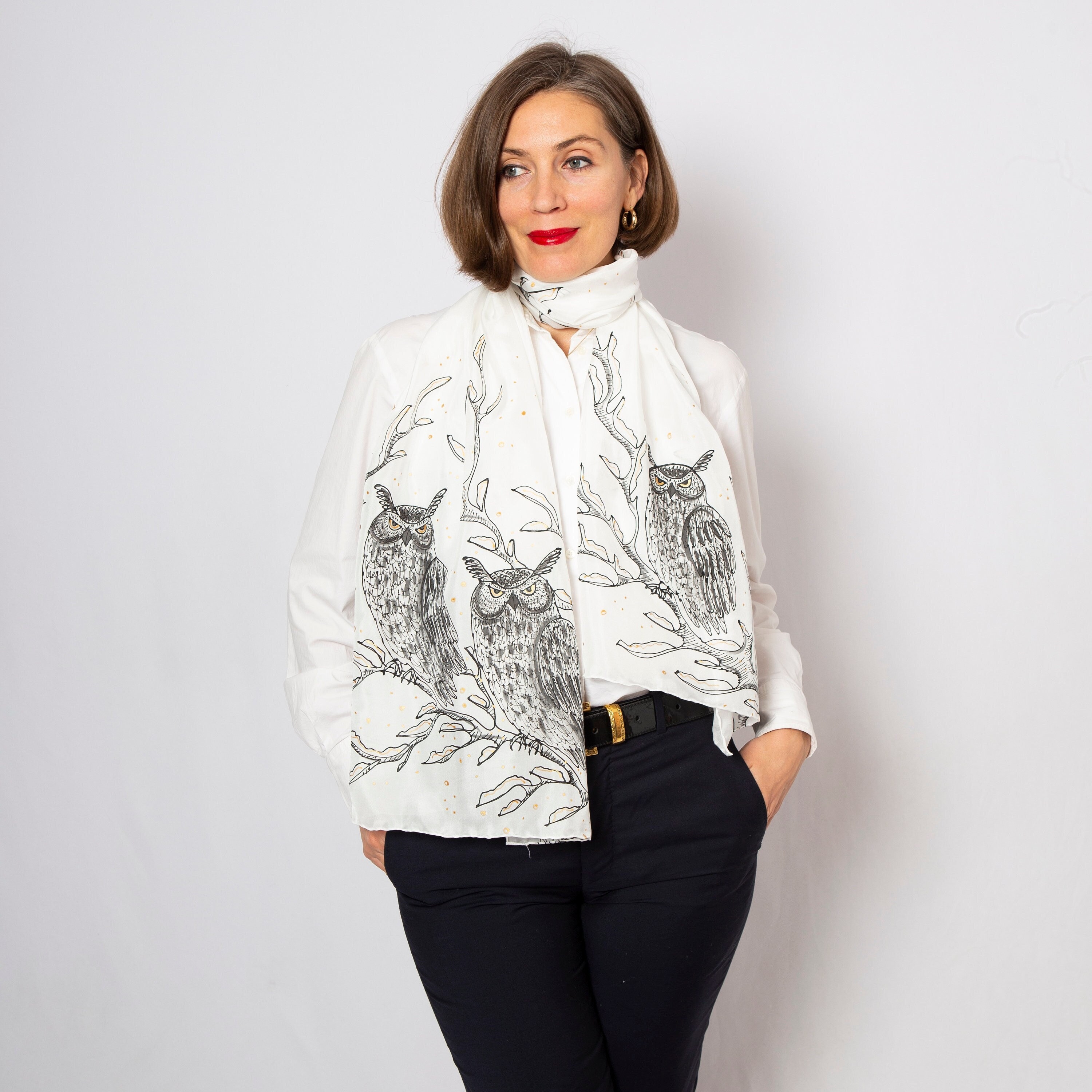 Horned Owl Hand Painted Silk Scarf Owl Shawl Owl Gifts Bird Scarf White Silk Scarf Pure Silk Scarf W