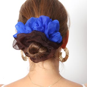 Blue Brown Silk Organza Scrunchie Two Color Scrunchie 100% Silk Scrunchie Hand Dyed Hand Made Scrunchie Summer Scrunchie Gift for Her