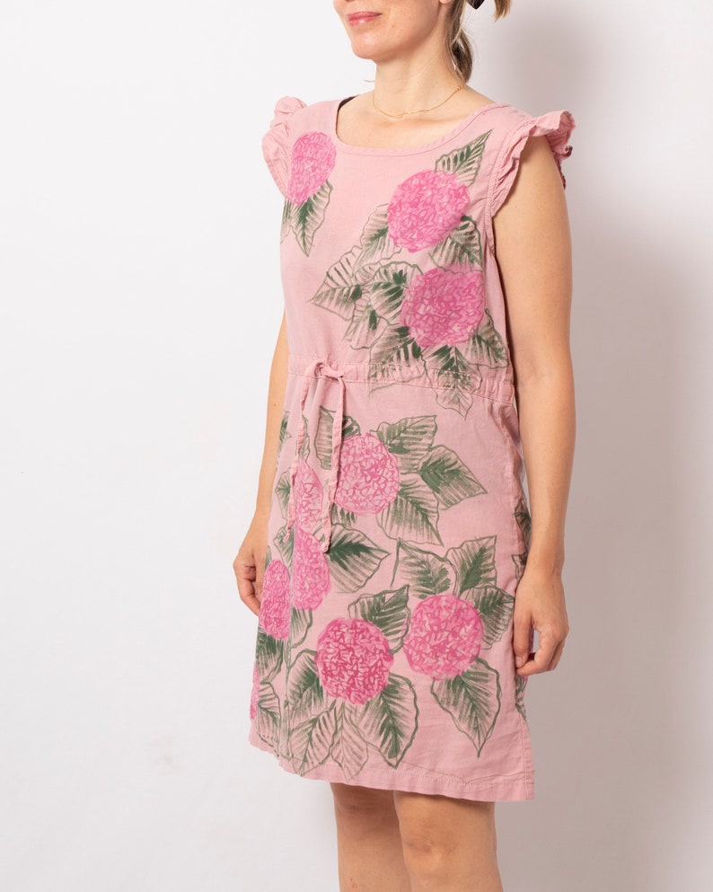 Hydrangea Dress Summer Linen Dress Pink Pull On Linen Dress Hand Painted Short Sleeve Linen Sundress Dress Will fit S M Sizes image 2
