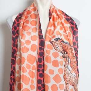 Giraffe Hand Painted Silk Scarf Red Beige Africa Giraffe Print Foulard Animal Print Scarf Travel Scarf Summer Scarf Women Gift for Her 52X14 image 5