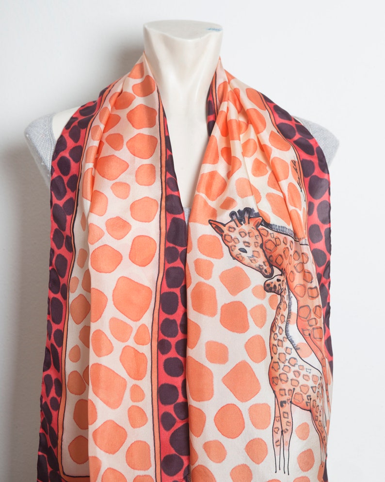 Giraffe Hand Painted Silk Scarf Red Beige Africa Giraffe Print Foulard Animal Print Scarf Travel Scarf Summer Scarf Women Gift for Her 52X14 image 5