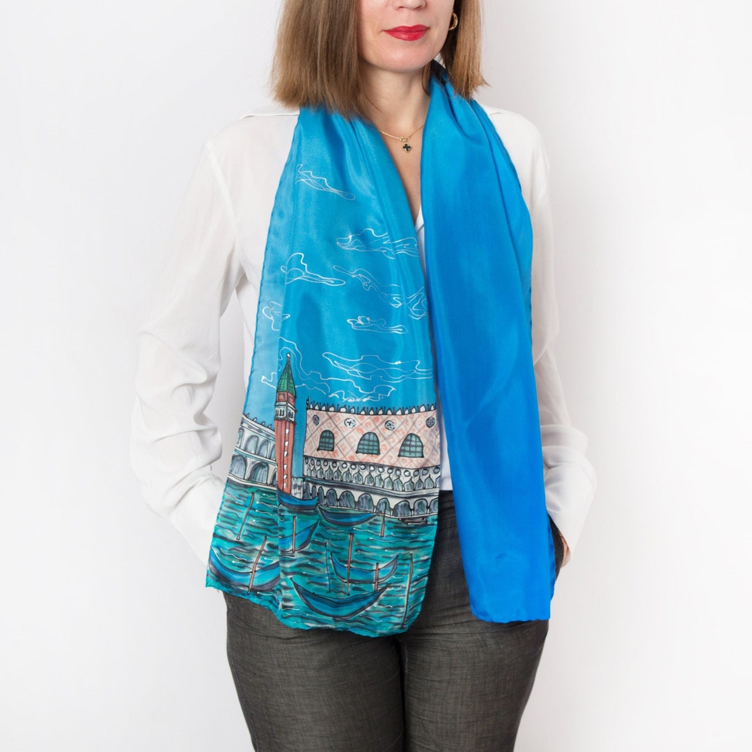 St Mark Square Venice Print Hand Painted Silk Scarf Venice Scarf