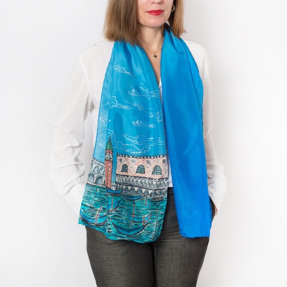 小物 Hand Printed Silk Scarf - blue St Mark Square Venice Hand Painted Blue Silk Scarf Souvenir Travel