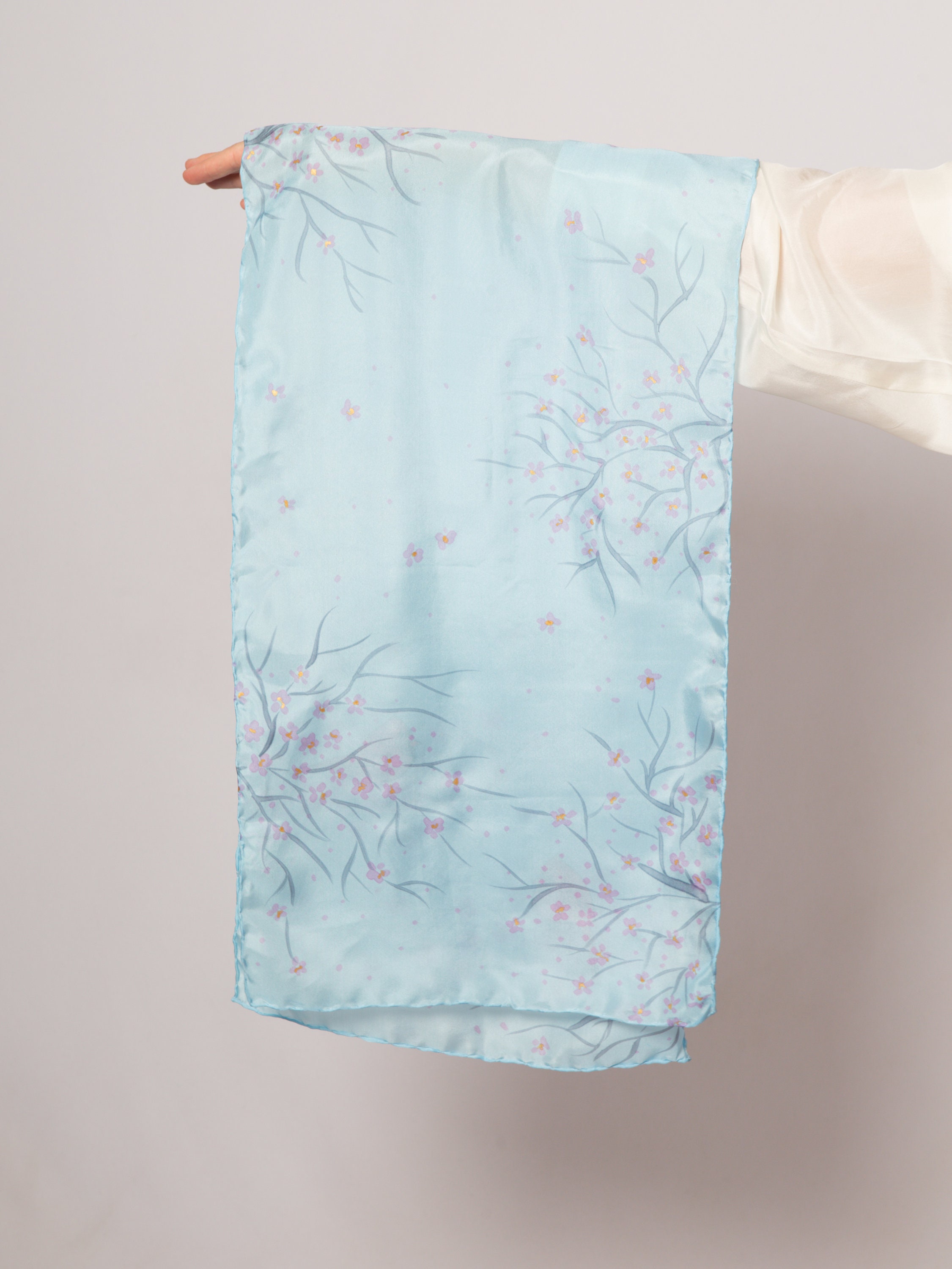 Cardinal Bird Hand Painted Pastel Blue Silk Scarf Cherry Blossoms ...