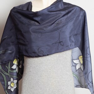 Daffodil Hand Painted Grey Ombre Floral Silk Spring Scarf Mom Gift 53X14 image 3