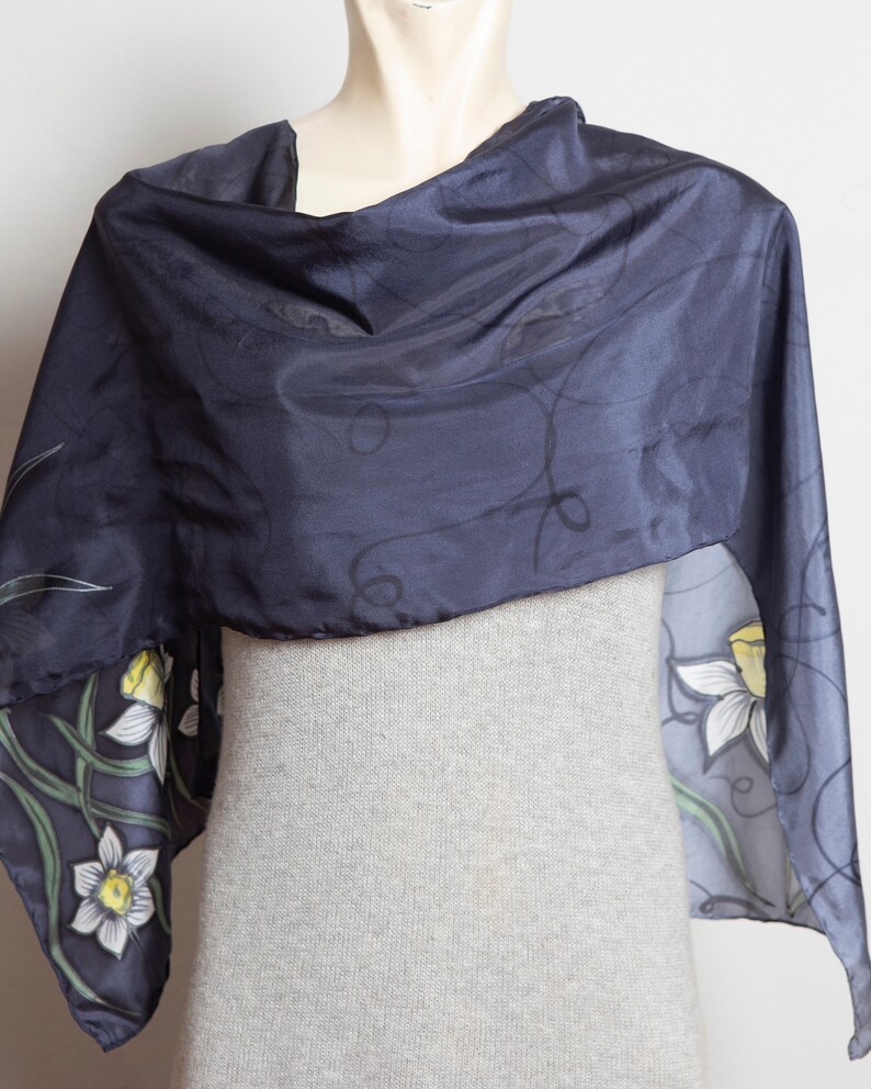 Daffodil Hand Painted Grey Ombre Floral Silk Spring Scarf Mom Gift 53X14 image 3