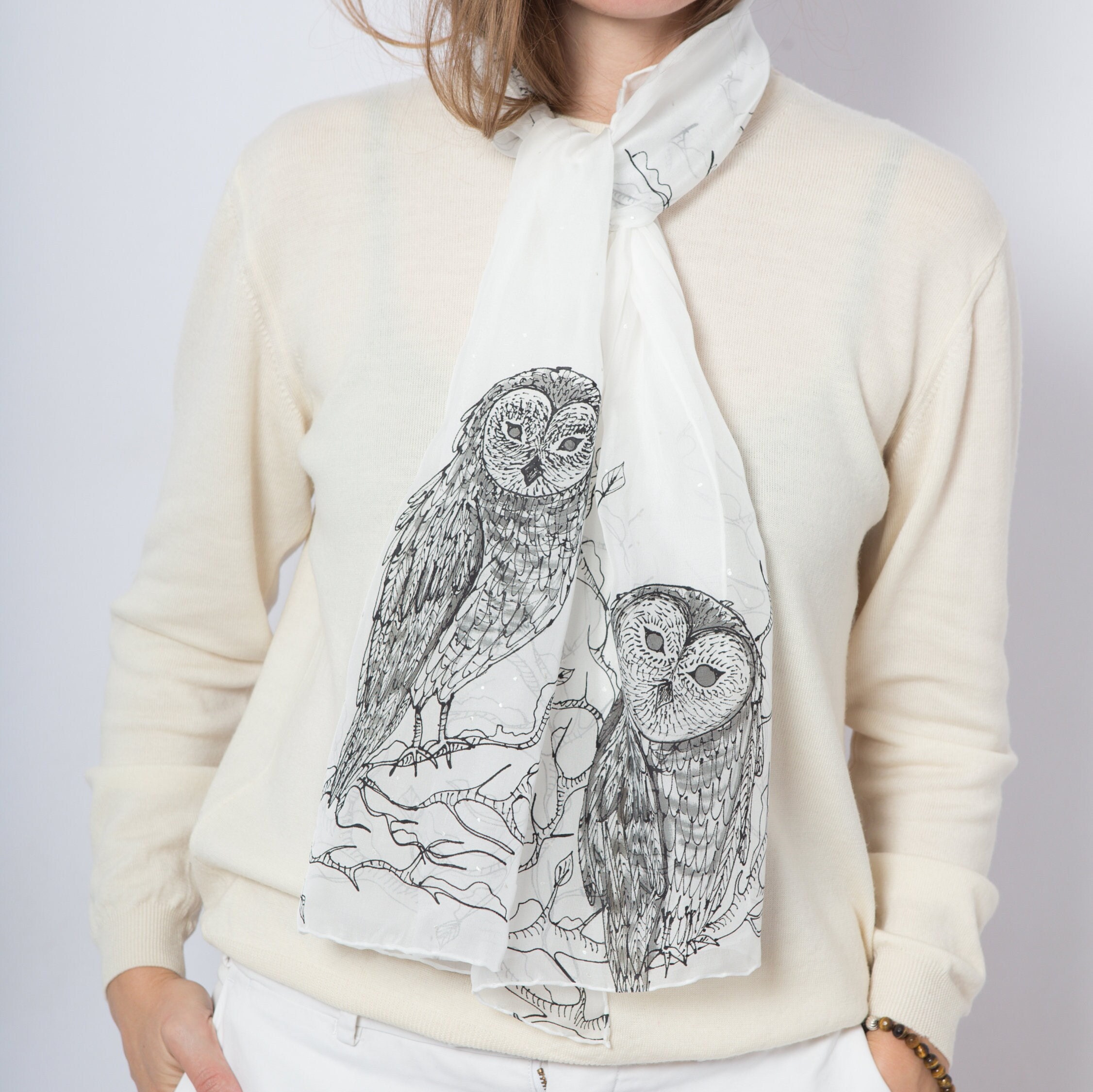 Owl Hand Painted White Silk Chiffon Bird Shawl Owl Gift Valentines Gift 57X16