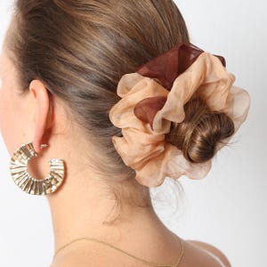 Brown Beige Silk Organza Scrunchie Two Color Scrunchie 100% Silk Scrunchie Hand Dyed Neutral Scrunchie Summer Scrunchie Gift for Her