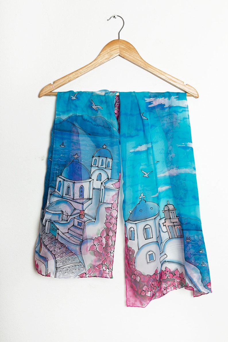 Santorini Hand Painted Silk Scarf Silk Chiffon Scarf Greece Santorini Print Travel Scarf Honeymoon Anniversary Gift Summer Scarf Gift 61X17 image 1