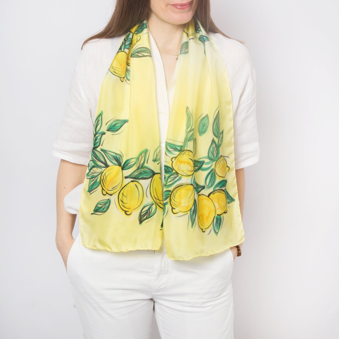 Lemon Print Silk Scarf, Retro Square Scarf, Lemon Printed