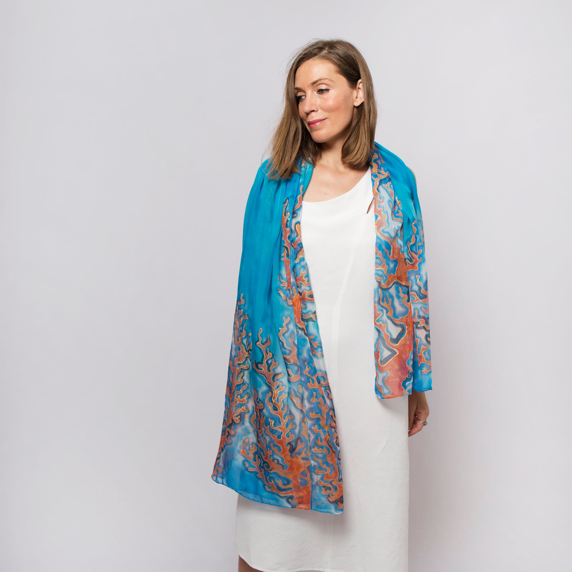 Coral Reef Hand Painted Blue Silk Chiffon Scarf Nautical Sarong