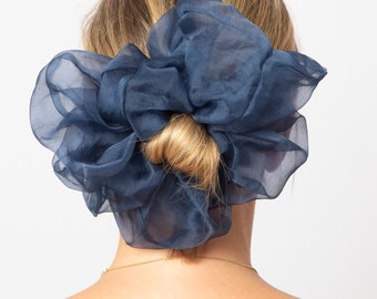 Navy Blue Silk Scrunchie Silk Organza Large Scrunchie Blue Scrunchie 100% Silk Scrunchie Party Hair Accessories Bridal Scrunchie Gift