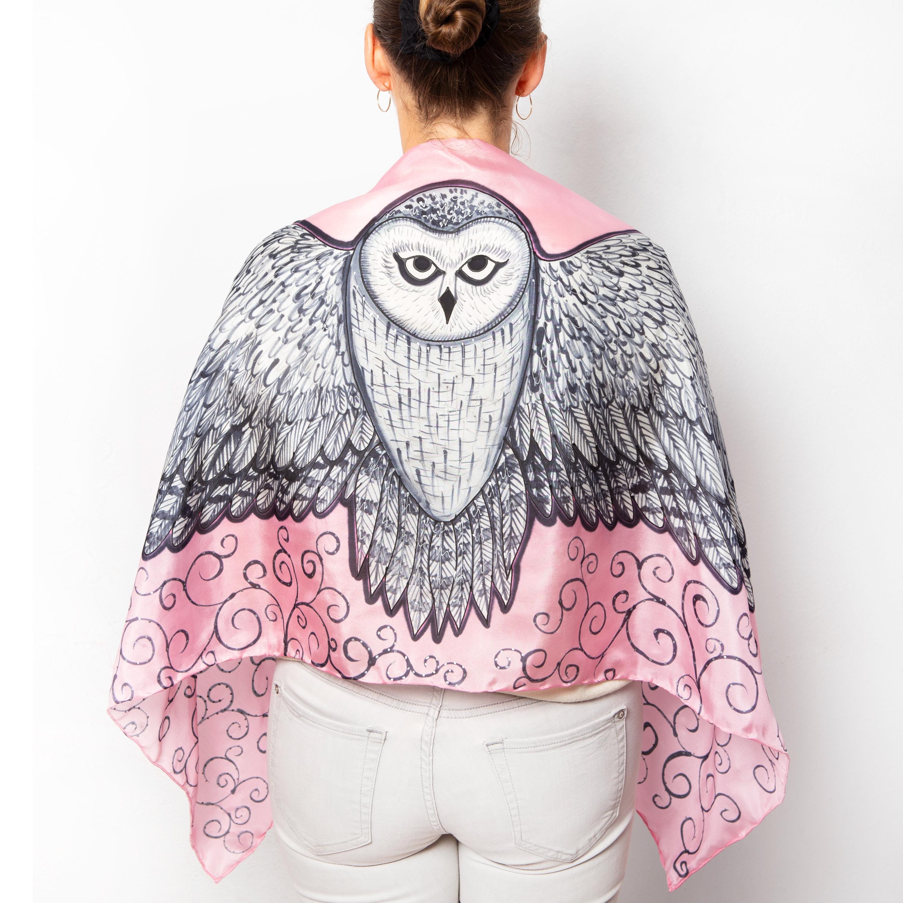 Snowy Owl Hand Painted Pink Silk Scarf Owl Wing Shawl Birthday Gift 63X20