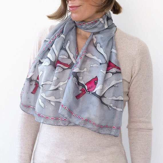 Cardinal Bird Hand Painted Grey Silk Scarf Christmas Gift 51X13 - Etsy