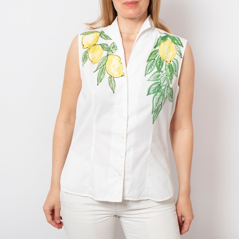 Lemon Print White Blouse Cotton Hand Painted Shirt Upcycled Blouse Fitted Button Down Shirt Sleeveless Summer Blouse Size L Italian Style image 1