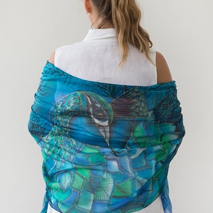 Peacock Scarf Hand Painted Silk Scarf Peacock Wing Scarf Chiffon Scarf Large Scarf Sarong Peacock Wedding Silk Shawl Pure Silk Scarf 70X35 image 3