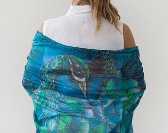 Peacock Scarf Hand Painted Silk Scarf Peacock Wing Scarf Chiffon