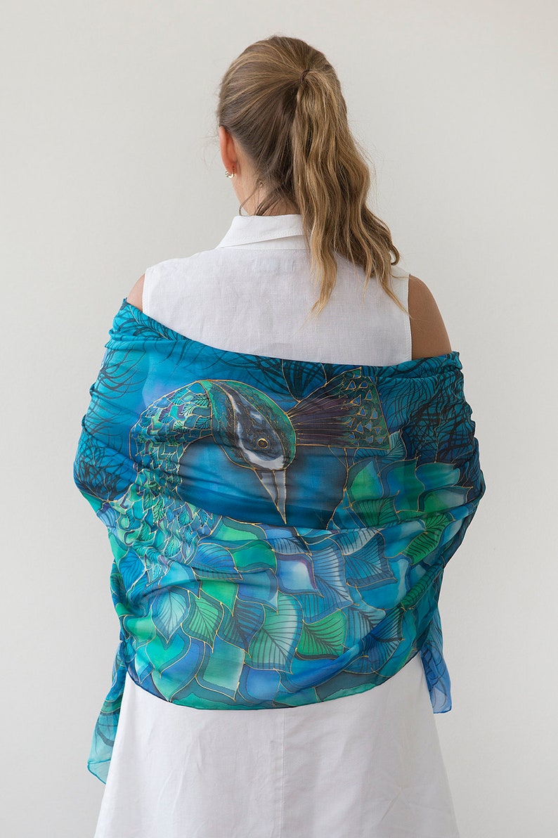 Peacock Scarf Hand Painted Silk Scarf Peacock Wing Scarf Chiffon Scarf Large Scarf Sarong Peacock Wedding Silk Shawl Pure Silk Scarf 70X35 image 3