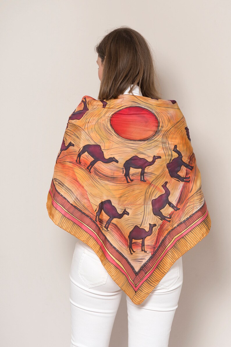 Camel Print Hand Painted Silk Scarf Camel Scarf Square Silk Scarf Desert Print Foulard Femme Red Orange Morocco Egypt Arab Emirates 37X37 image 4