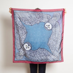 Owl Scarf Hand Painted Silk Scarf Blue Silk Square Scarf Bird Scarf Owl Lover Gift Foulard Owl Print Christmas Gift Birthday Gift 35X35