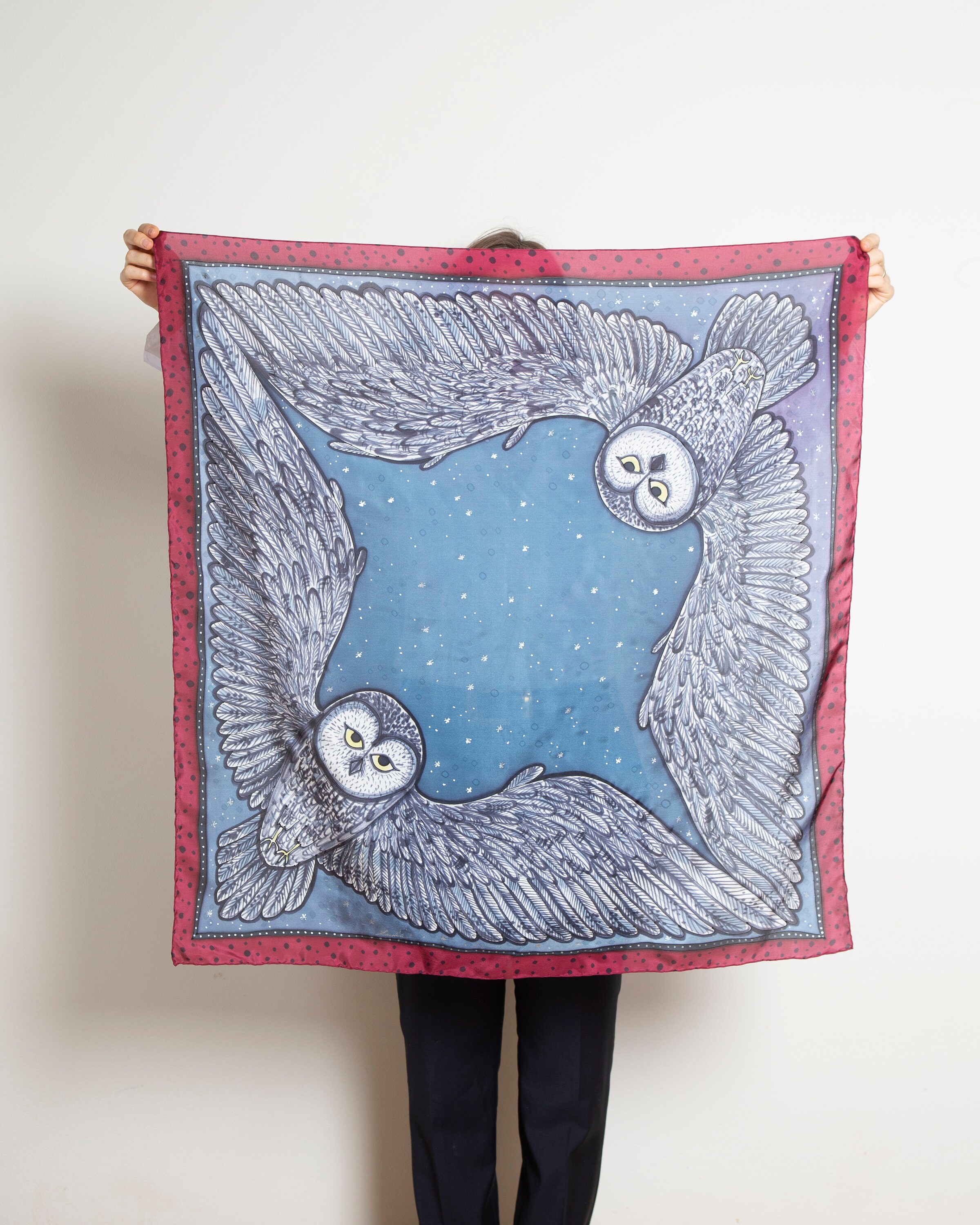 Owl Scarf Hand Painted Silk Scarf Blue Silk Square Scarf Bird Scarf Owl Lover Gift Foulard Owl Print