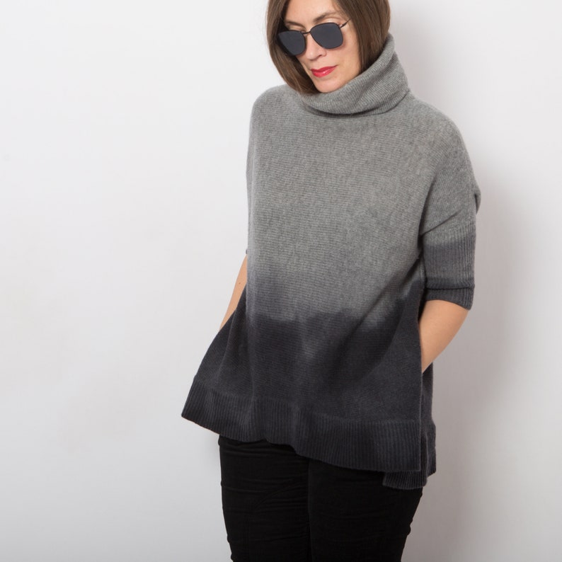 Grey Wool Sweater Short Sleeve Wool Sweater Hand Dyed Ombre Sweater Upcycled Sweater Dark Grey Sweater Turtleneck Wool Jumper Will fit S M image 10