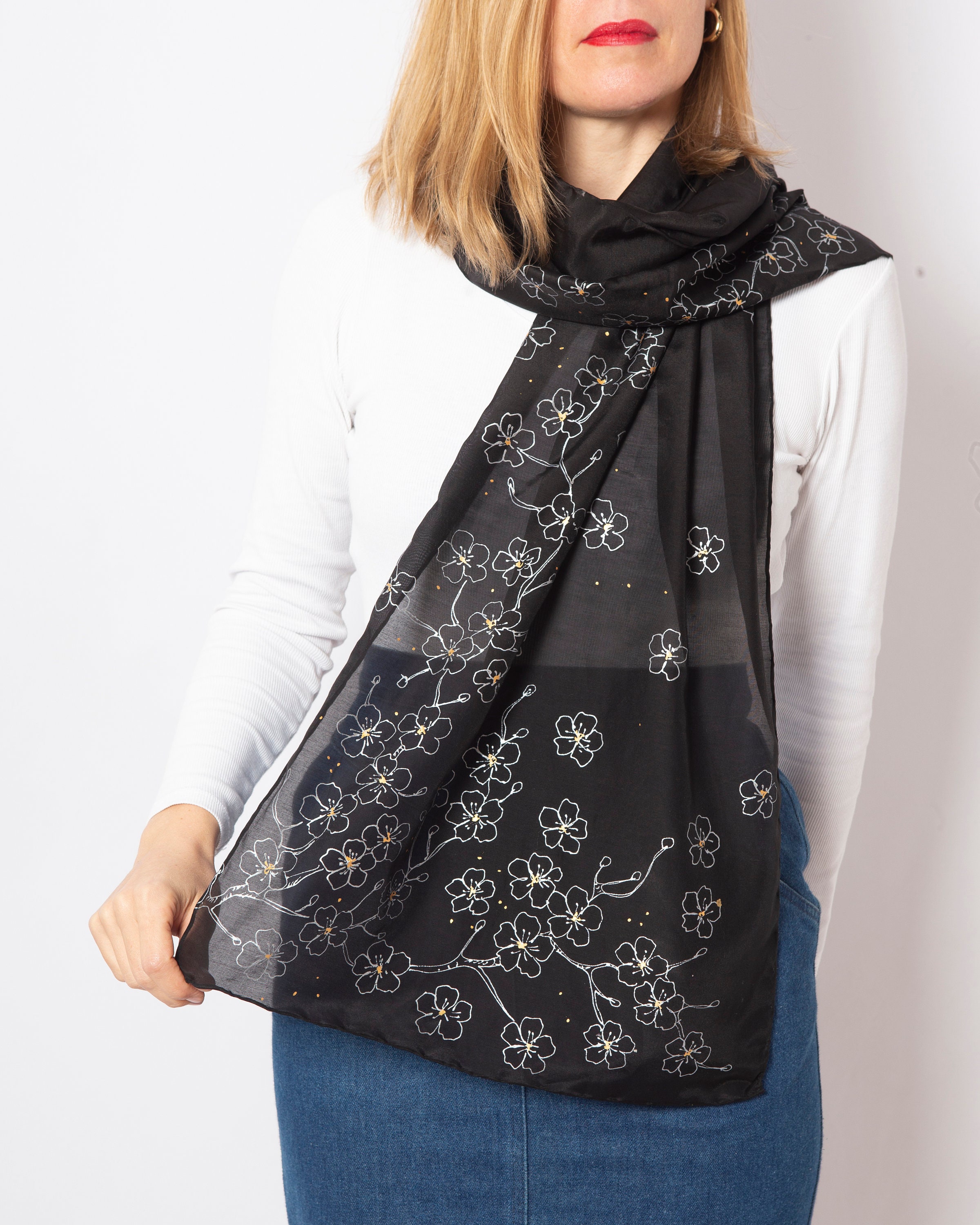 Sakura Hand Painted Black Silk Scarf Cherry Blossom Shawl Mom Gift - Etsy