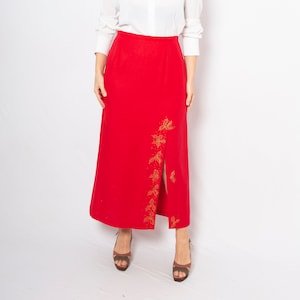 Red Long Christmas Skirt Upcycled Hand Painted Skirt with Holly Berry Print High Waist Long Skirt with Slit Festive Red Skirt Size M