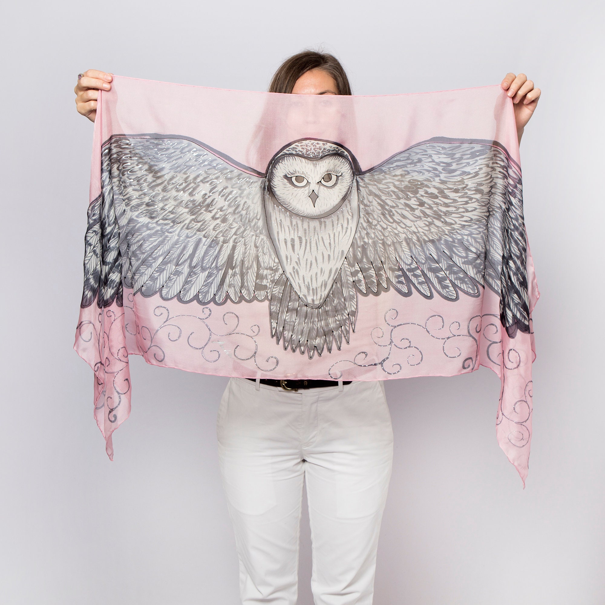 Snowy Owl Print Hand Painted Pink Silk Chiffon Scarf Owl Wing Shawl Gift 60X20