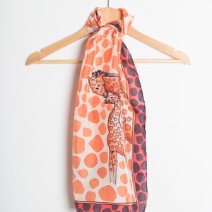 Giraffe Hand Painted Silk Scarf Red Beige Africa Giraffe Print Foulard Animal Print Scarf Travel Scarf Summer Scarf Women Gift for Her 52X14 image 10